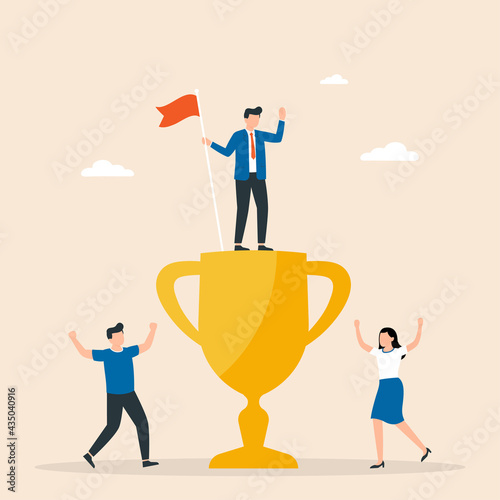 Successful businessman stand on prize winner cup. People are happy for winner.