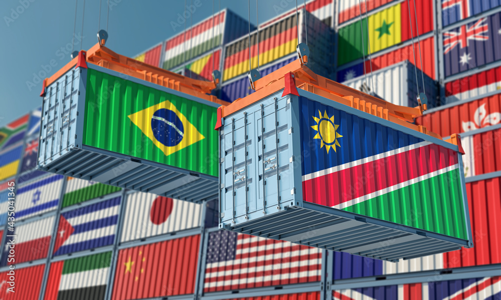 Two freight container with Brazil and Namibia flag. 3D Rendering