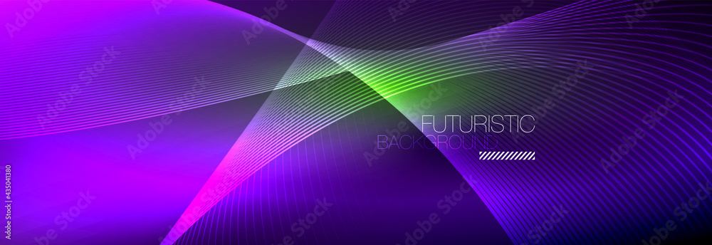Abstract neon glowing light in the dark with waves. Shiny magic energy and motion concept, vector abstract wallpaper background Abstract neon glowing light in the dark with waves. Shiny magic energy and motion concept, vector abstract wallpaper background
