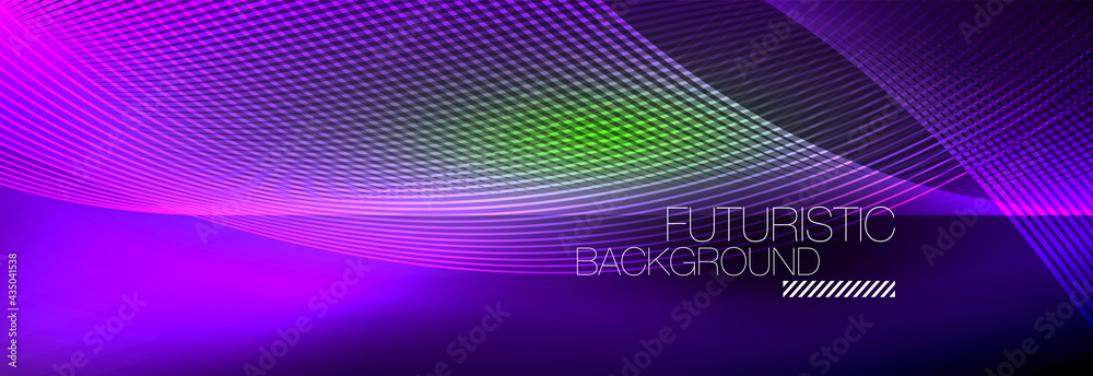 Abstract neon glowing light in the dark with waves. Shiny magic energy and motion concept, vector abstract wallpaper background Abstract neon glowing light in the dark with waves. Shiny magic energy and motion concept, vector abstract wallpaper background