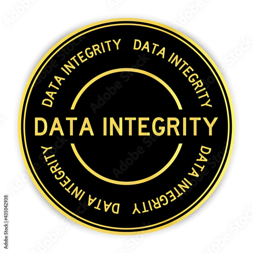 Black and gold color round label sticker with word data integrity on white background