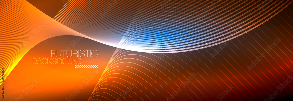 Abstract neon glowing light in the dark with waves. Shiny magic energy and motion concept, vector abstract wallpaper background Abstract neon glowing light in the dark with waves. Shiny magic energy and motion concept, vector abstract wallpaper background