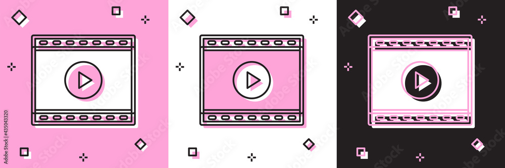 Set Online play video icon isolated on pink and white, black background. Film strip with play sign. Vector Set Online play video icon isolated on pink and white, black background. Film strip with play sign. Vector