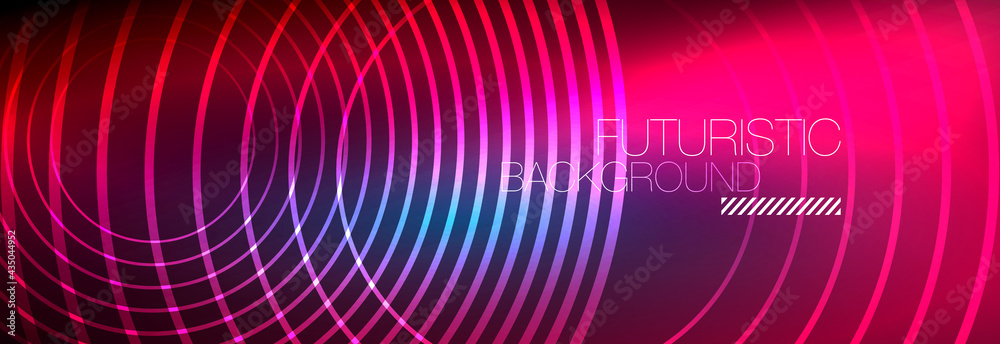 Dark abstract background with glowing neon circles. Trendy layout template for business or technology presentation, internet poster or web brochure cover, wallpaper