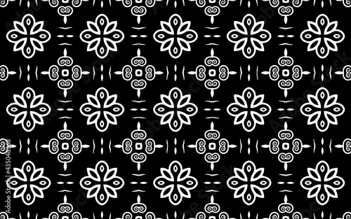 Black white geometric background. Ethnic pattern of the peoples of the East and Asia. Trendy doodling style with swirls and flowers. Template for wallpaper, stained glass, presentations, textiles, col