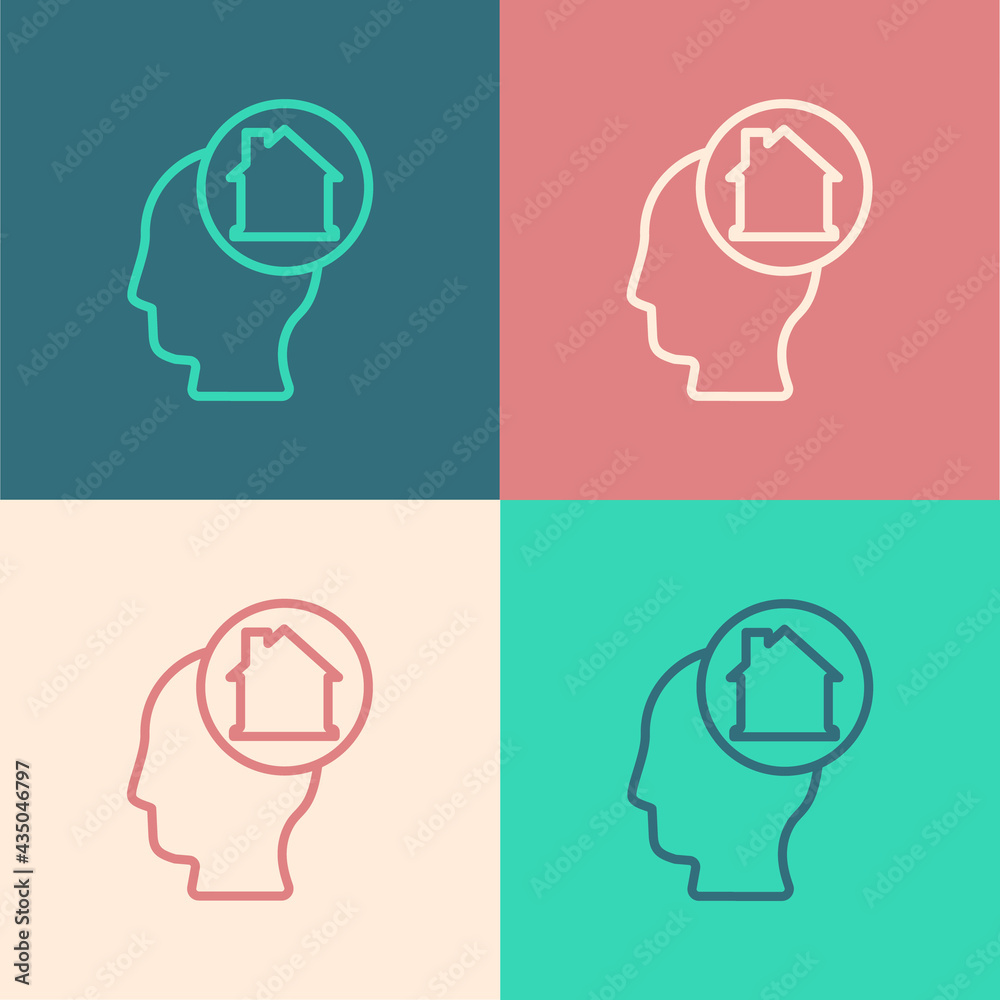 Pop art line Man dreaming about buying a new house icon isolated on color background. Vector Pop art line Man dreaming about buying a new house icon isolated on color background. Vector