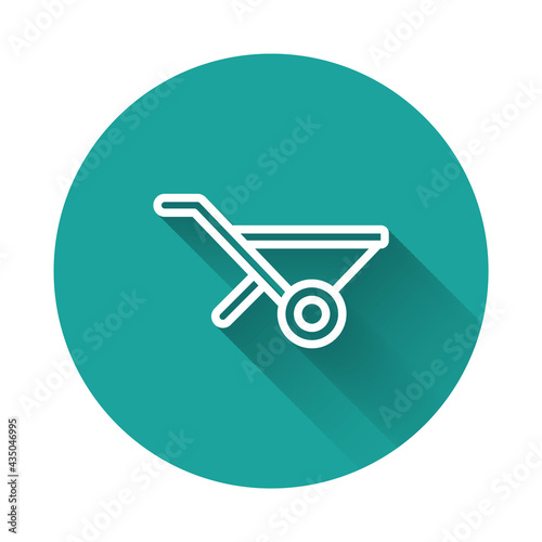 White line Wheelbarrow icon isolated with long shadow. Tool equipment. Agriculture cart wheel farm. Green circle button. Vector