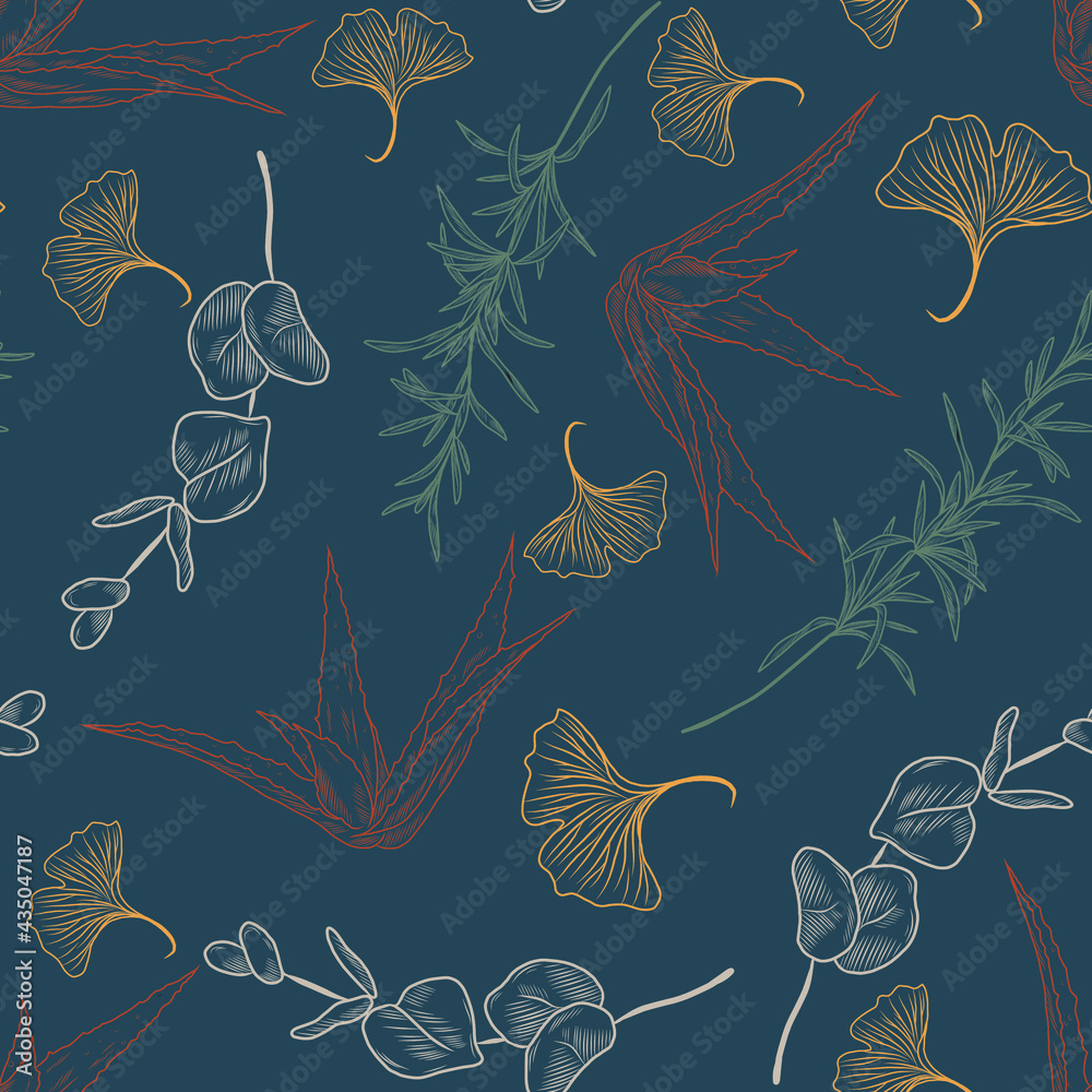 Fototapeta premium Ginkgo biloba leaf, aloe vera plant, rosemary, eucalyptus on the hand drawn floral seamless pattern