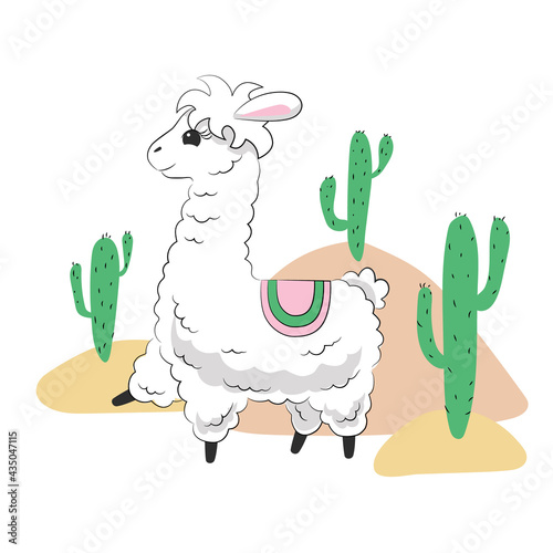  Cute fluffy llama in horsecloth surrounded by hills and cacti. Hand drawn white kawaii alpaca. Childish character design. Nursery decoration. Stock vector illustration isolated on white background.