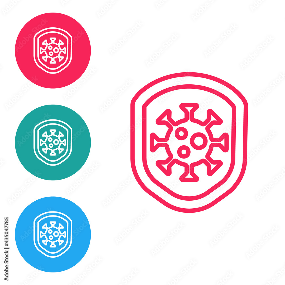 Red line Shield protecting from virus, germs and bacteria icon isolated on white background. Immune system concept. Corona virus 2019-nCoV. Set icons in circle buttons. Vector.