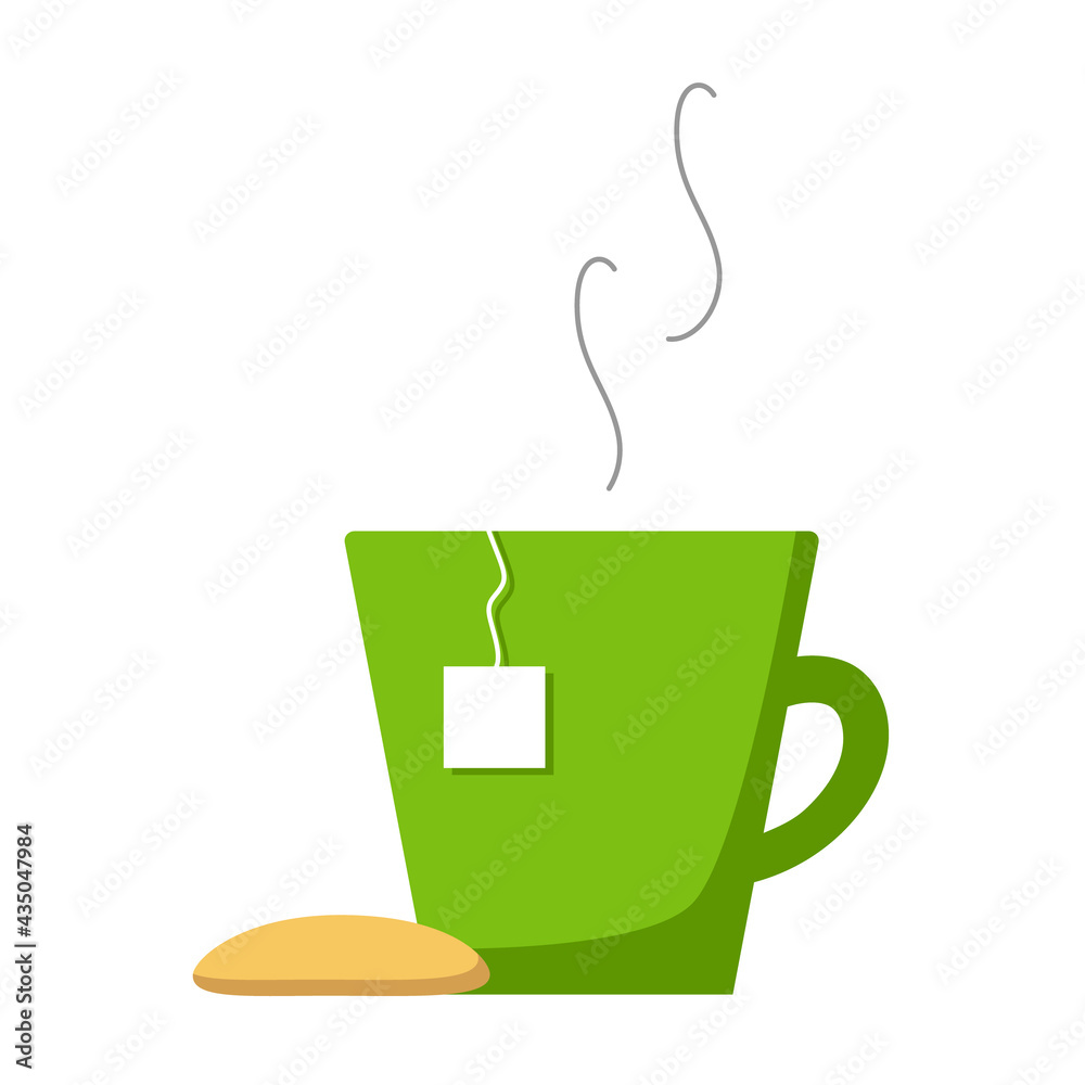 Green cup of hot tea with teabag label, steam and yellow cookie. Flat style, vector illustration