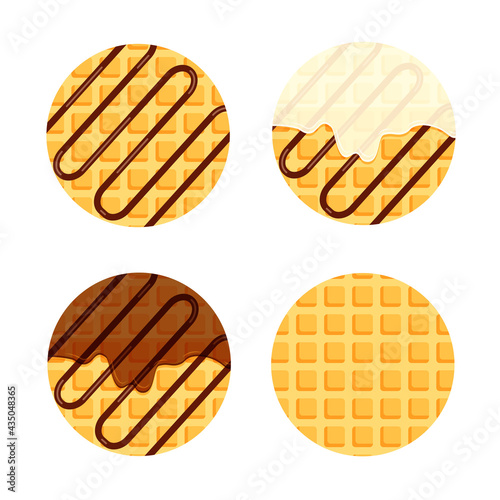 Viennese or belgian waffles with vanilla cream and chocolate syrup or topping. Set of round waffle. Vector illustration in trendy flat style isolated on white background