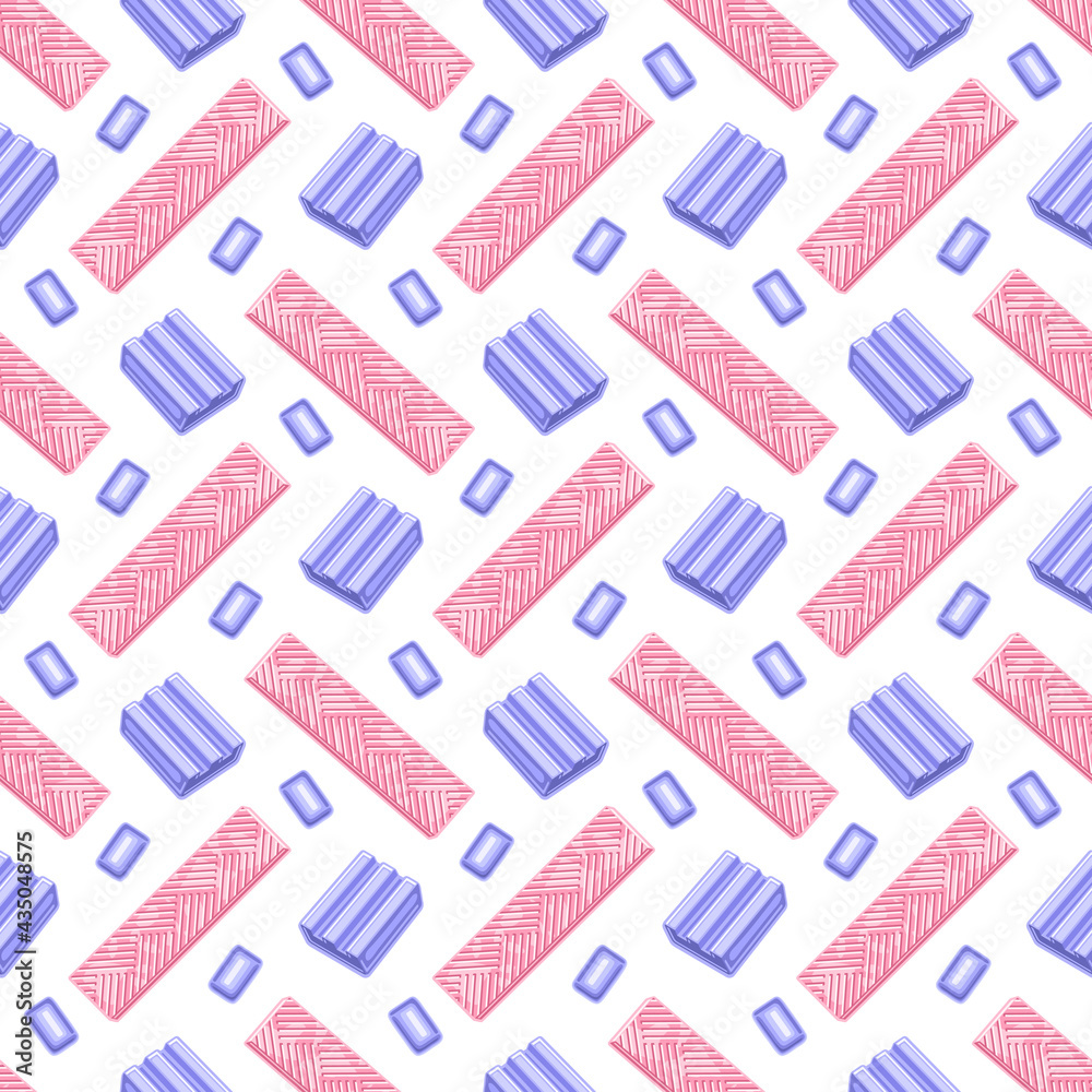Vector Bubble Gum Seamless Pattern, square repeating bubblegum background for kids textile, poster with cut out illustrations of many bubble gums and group of different candies on white background.