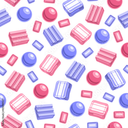 Vector Bubble Gum Seamless Pattern, square repeating bubblegum background for kids textile, poster with cut out illustrations of many flat lay bubble gums and assorted candies on white background.