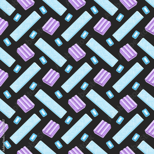 Vector Bubble Gum Seamless Pattern, square repeating bubblegum background for wrapping paper, poster with cut out illustrations of many bubble gums and group of variety candies on dark background.