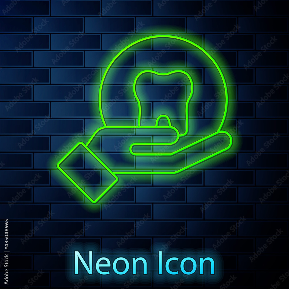 Glowing neon line Tooth icon isolated on brick wall background. Tooth symbol for dentistry clinic or dentist medical center and toothpaste package. Vector Glowing neon line Tooth icon isolated on brick wall background. Tooth symbol for dentistry clinic or dentist medical center and toothpaste package. Vector