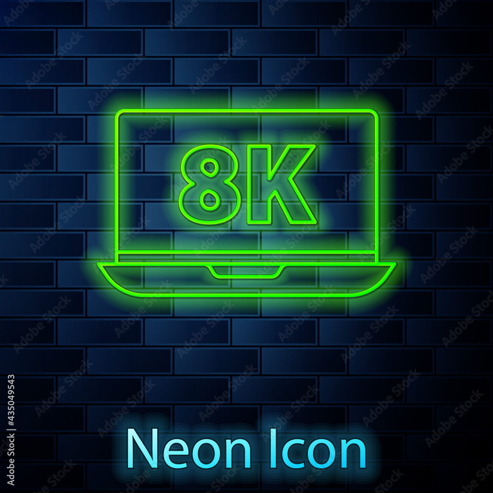 Glowing neon line Laptop screen with 8k video technology icon isolated on brick wall background. Vector Glowing neon line Laptop screen with 8k video technology icon isolated on brick wall background. Vector
