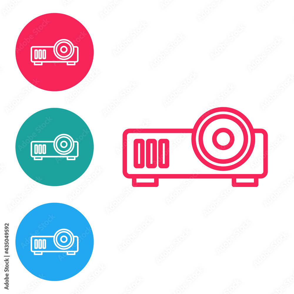Red line Presentation, movie, film, media projector icon isolated on white background. Set icons in circle buttons. Vector