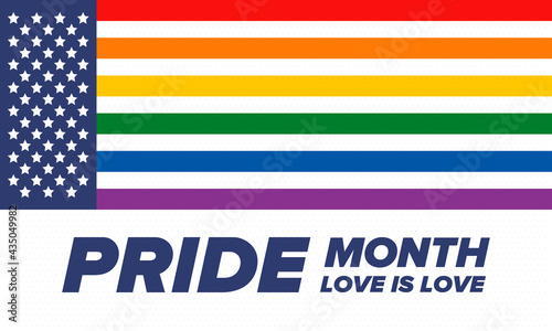 LGBTQIA Pride Month in June. Lesbian Gay Bisexual Transgender. Celebrated annual. LGBT flag. Rainbow love concept. Human rights and tolerance. Poster, card, banner and background. Vector illustration