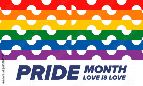 LGBTQIA Pride Month in June. Lesbian Gay Bisexual Transgender. Celebrated annual. LGBT flag. Rainbow love concept. Human rights and tolerance. Poster, card, banner and background. Vector illustration