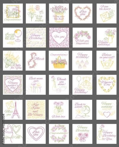 Big vector set 50 in 1 for any occasion of the holiday with wishes and congratulations. Mini postcards square compliment sign of attention. Minimalistic style, line graphics, lines, flowers, bouquets.