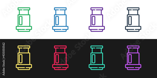 Set line Aeropress coffee method icon isolated on black and white background. Device for brewing coffee. Vector