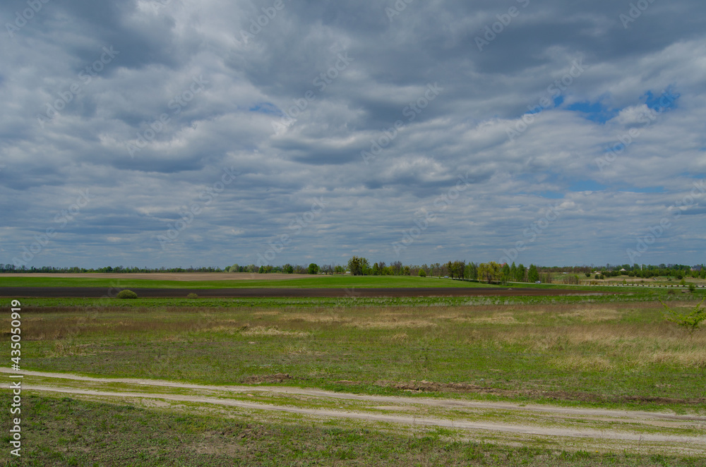 Spring landscape with an earth road, fields, trees in rural Ukrainian area Spring landscape with an earth road, fields, trees in rural Ukrainian area