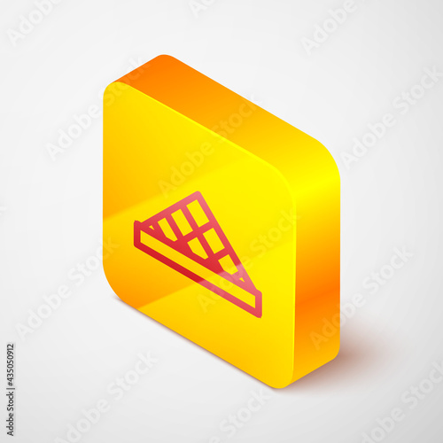 Isometric line Louvre glass pyramid icon isolated on grey background. Louvre museum. Yellow square button. Vector