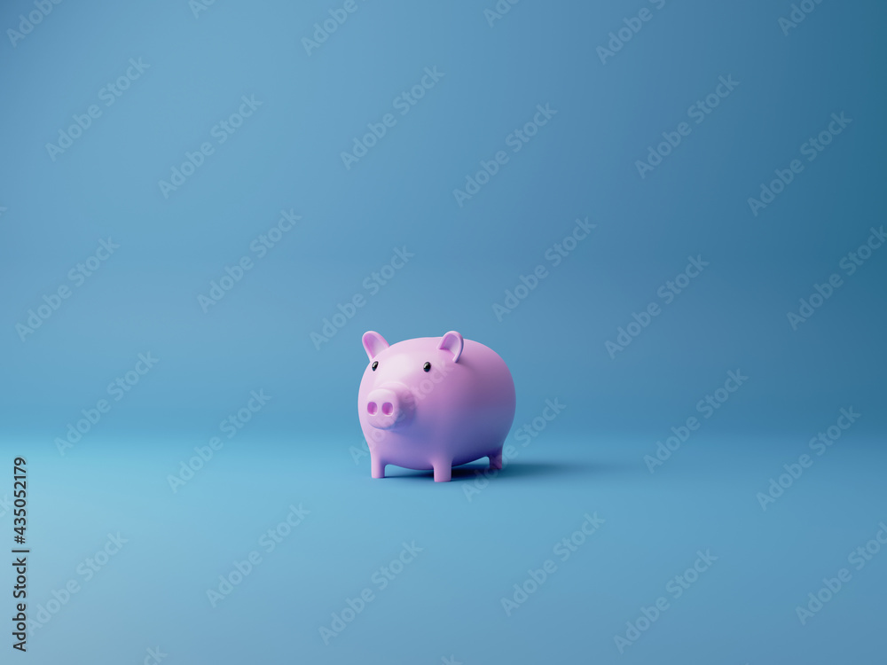 Piggy bank of pigs viewing fountain placed on a blue background. Money saving concept 3d rendering