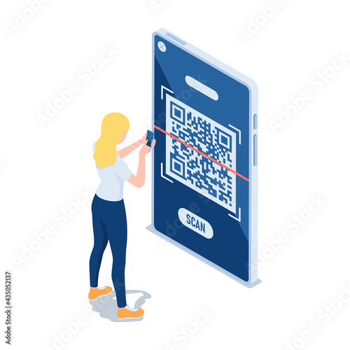 Isometric Woman Use Smartphone Scanning QR Code