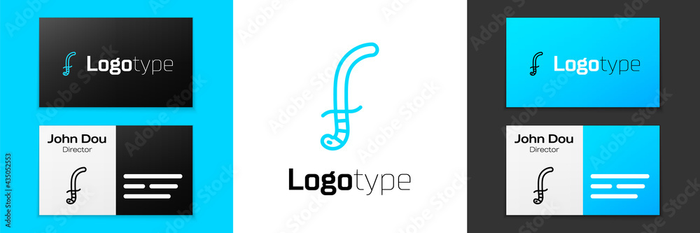Fototapeta premium Blue line Medieval sword icon isolated on white background. Medieval weapon. Logo design template element. Vector