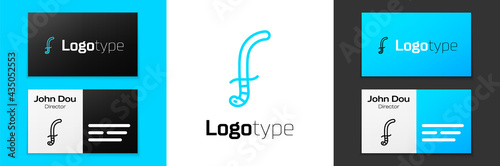 Blue line Medieval sword icon isolated on white background. Medieval weapon. Logo design template element. Vector