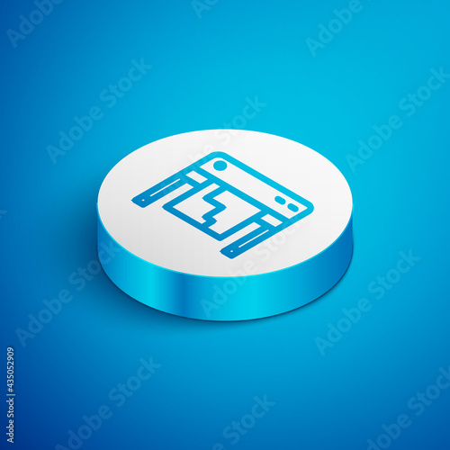 Isometric line Plotter icon isolated on blue background. Large format multifunction printer. Polygraphy, printshop service. White circle button. Vector