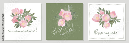 floral greeting cards. Pink peonies gathered in bouquets. Lettering Congratulations, Best wishes, Best regards. 