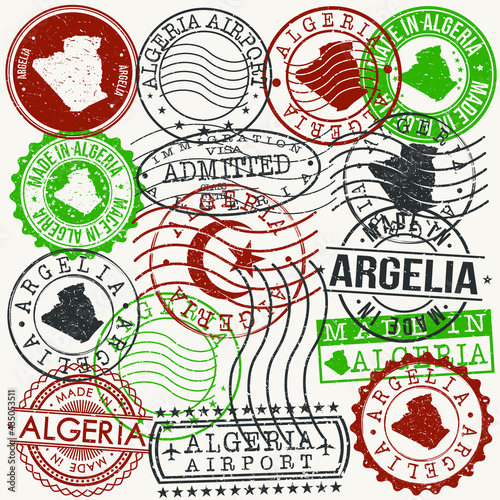 Algeria Set of Stamps. Travel Passport Stamps. Made In Product Design Seals in Old Style Insignia. Icon Clip Art Vector Collection.