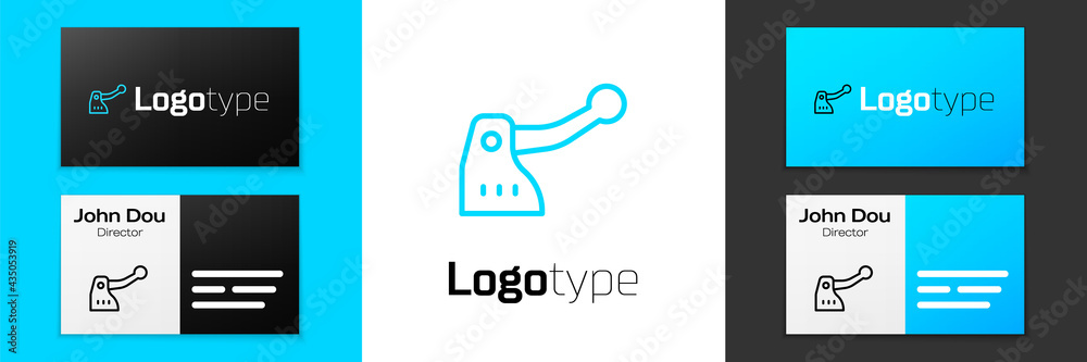 Fototapeta premium Blue line Bicycle brake icon isolated on white background. Logo design template element. Vector