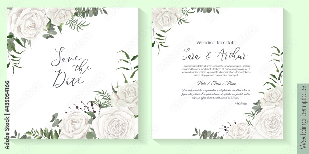 Vector floral template for wedding invitation. White roses, eucalyptus, green plants and herbs.