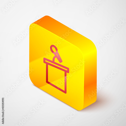 Isometric line Stage stand or debate podium rostrum icon isolated on grey background. Conference speech tribune. Yellow square button. Vector