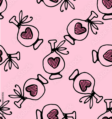Seamless pattern of a bottle with a heart with a bow. Hand-drawn love potion bottle pattern with bow and red heart, black outline on pink background for design template, greeting cards, invitations