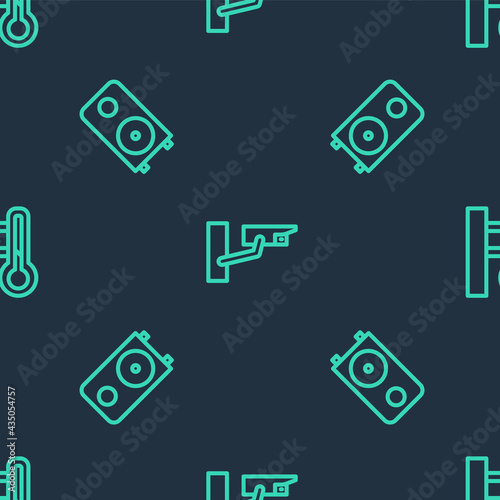 Set line Security camera, Stereo speaker and Meteorology thermometer on seamless pattern. Vector