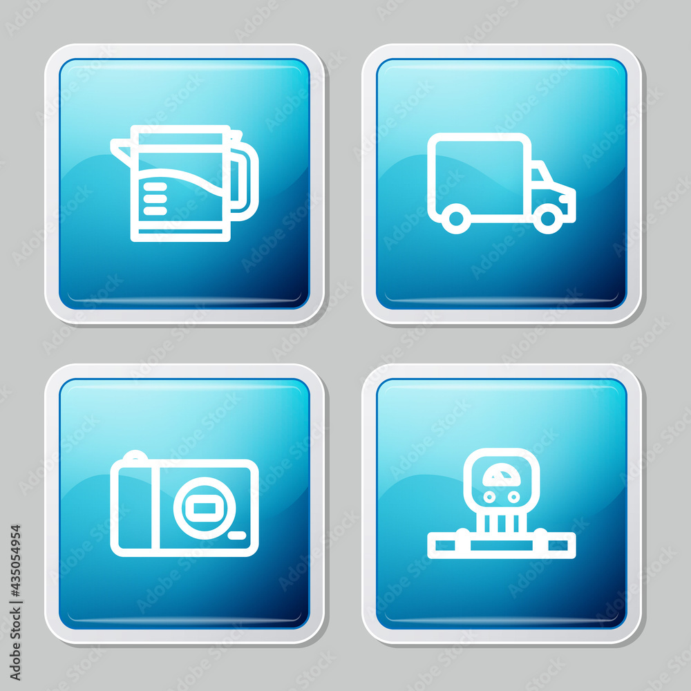 Set line Electric kettle, Delivery cargo truck, Photo camera and Smart sensor icon. Vector Set line Electric kettle, Delivery cargo truck, Photo camera and Smart sensor icon. Vector