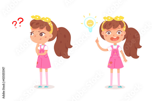 Thoughtful girl thinking and getting idea. Little pensive child standing with question and receiving answer or solution to problem vector illustration. Cute kid on white background