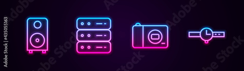 Set line Stereo speaker, Server, Data, Web Hosting, Photo camera and Wrist watch. Glowing neon icon. Vector