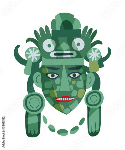 Green Mayan traditional mask. Ancient civilisation icon in Mexico vector illustration. Face with decorative elements isolated on white background. Religion , ritual and tradition
