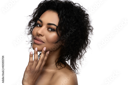 Beautiful black woman with smooth skin on white background