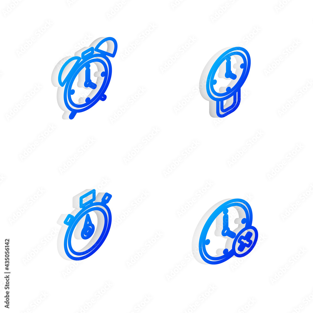 Set Isometric line Clock, Alarm clock, Stopwatch and delete icon. Vector