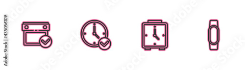 Set line Calendar with check mark, Alarm clock, Clock and Smartwatch icon. Vector