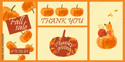 Fall. Set of festive seasonal cards, invitations, banners with girl, fox and pumpkins. Vector illustration in a flat style.
