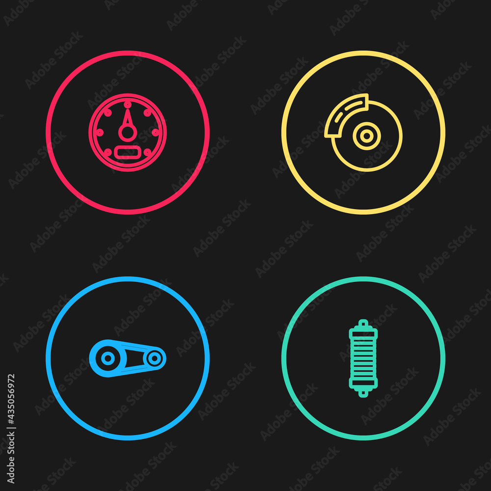 Set line Timing belt kit, Shock absorber, Car brake disk with caliper and Speedometer icon. Vector Set line Timing belt kit, Shock absorber, Car brake disk with caliper and Speedometer icon. Vector