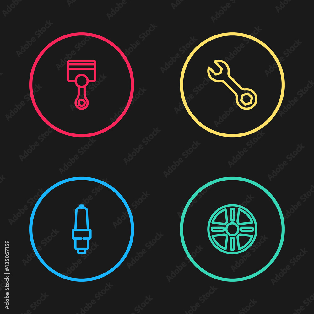 Set line Car spark plug, Alloy wheel, Wrench spanner and Engine piston icon. Vector Set line Car spark plug, Alloy wheel, Wrench spanner and Engine piston icon. Vector